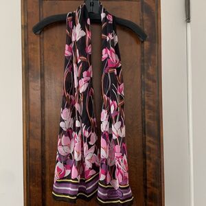 Salvatore Ferragamo Silk Chiffon Oblong Scarf Pink Flowers on Black Excellent